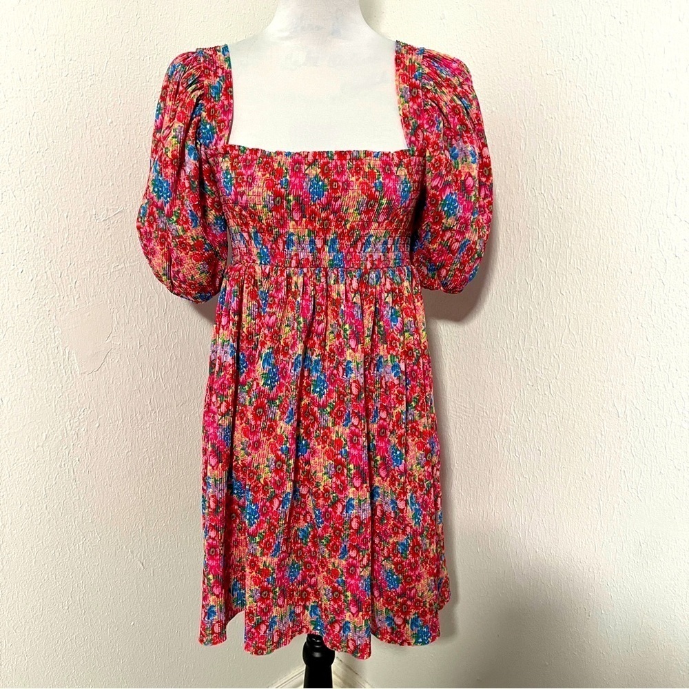 Zara Women Medium Multicolored Floral Printed Balloon Sleeve Pleated Mini Dress - Picture 2 of 11